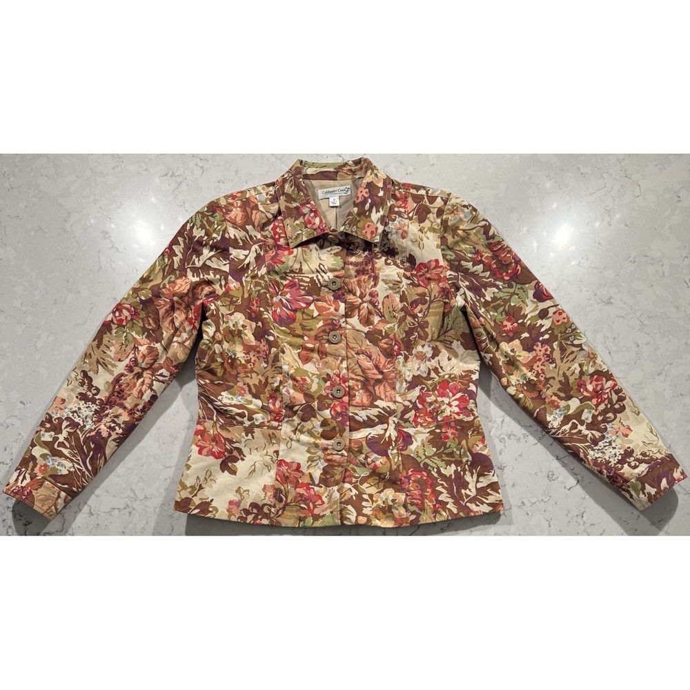 VTG Coldwater Creek Blazer Jacket Womens 12 Red Cream Tan Floral Cottagecore Y2K